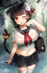 Rule 34 | 1girl, animal ear fluff, animal ears, azur lane, blouse, blunt bangs, blush, bra, bra visible through clothes, breasts, brown hair, cat ears, cat mask, cat tail, fang, gijang, highres, large breasts, looking at viewer, mask, mask on head, midriff, navel, neckerchief, one eye closed, open mouth, pleated skirt, rain, red eyes, red neckerchief, sailor collar, school uniform, see-through, serafuku, shirt, short hair, skindentation, skirt, solo, standing, stomach, tail, thick eyebrows, thighhighs, thighs, underwear, water drop, wet, wet clothes, wet shirt, white shirt, white thighhighs, yamashiro (azur lane), yamashiro (street corner offensive!) (azur lane)