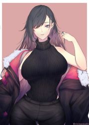 Rule 34 | 1girl, black hair, black jacket, black pants, black sweater, breasts, cowboy shot, curvy, highleg, highleg leotard, highres, jacket, large breasts, leotard, long hair, looking at viewer, multicolored clothes, multicolored jacket, one eye closed, open clothes, open jacket, original, pants, parted lips, pink background, pink jacket, purple eyes, ribbed leotard, ribbed sweater, rikuguma, single bare shoulder, sleeveless, sleeveless sweater, sleeveless turtleneck, solo, sweater, turtleneck, heattech leotard, turtleneck sweater, two-tone jacket, wide hips, zipper