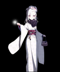 Rule 34 | 1girl, absurdres, black background, blue archive, feet out of frame, flower, gong cha, grey hair, hair flower, hair ornament, halo, highres, holding fireworks, japanese clothes, kimono, long sleeves, mutsuki (blue archive), mutsuki (new year) (blue archive), obi, pink flower, pointy ears, purple eyes, red halo, sash, short hair, simple background, smile, solo, white kimono, wide sleeves