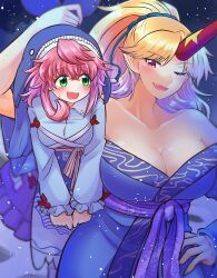 Rule 34 | 2girls, :d, ;d, absurdres, bare shoulders, blonde hair, blush, breasts, carrying over shoulder, cleavage, elaphe guttata6, highres, horns, hoshiguma yuugi, hoshiguma yuugi (kimono), japanese clothes, kimono, large breasts, multiple girls, okunoda miyoi, one eye closed, oni, open mouth, pink hair, pointy ears, sharp teeth, single horn, size difference, smile, teeth, touhou, whale hat, yuri