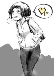 Rule 34 | 1girl, backpack, bag, blush, breasts, breath, female focus, greyscale, hagaa, hands in pocket, happy, heart, highres, hood, hoodie, jacket, legs together, long sleeves, monochrome, open mouth, original, pants, peeing, peeing self, short hair, simple background, sketch, small breasts, smile, solo, spoken heart, spot color, standing, steam, sweat, teeth, two-tone background, wet, wet clothes, zipper pull tab