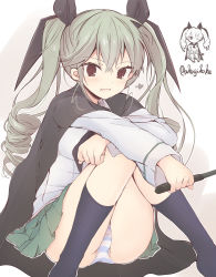 Rule 34 | 1girl, anchovy (girls und panzer), black cape, black neckerchief, black ribbon, black socks, blouse, blue panties, blush, cape, chibi, chibi inset, commentary, drill hair, fang, getsumen suibaku ver. a(c), girls und panzer, green hair, green skirt, hair ribbon, heart, highres, holding, holding riding crop, light blush, long hair, long sleeves, looking at viewer, miniskirt, neckerchief, ooarai school uniform, open mouth, panties, pantyshot, pleated skirt, red eyes, ribbon, riding crop, school uniform, serafuku, shirt, sitting, skin fang, skirt, smile, socks, solo, standing, twin drills, twintails, twitter username, underwear, white shirt