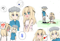 Rule 34 | !?, 10s, 2girls, ?, ^^^, aged down, alternate costume, androgynous, arrow (projectile), arrow through heart, atsushi (aaa-bbb), bare shoulders, bismarck (kancolle), blonde hair, blue eyes, blush, boots, braid, comic, crying, crying with eyes open, dress, flying sweatdrops, french braid, grass, hair between eyes, hairband, hand in pocket, heart, heart-shaped pupils, heart arrow, highres, jewelry, kantai collection, kneeling, long hair, lovestruck, marriage proposal, multiple girls, ornate ring, paper, pointing, pointing at self, polo shirt, ribbon, ring, ring box, shoes, short hair, short sleeves, shorts, sitting, smile, sparkle, spoken interrobang, spoken question mark, spoken venus symbol, surprised, sweatdrop, symbol, symbol-shaped pupils, tears, tomboy, venus symbol, wariza, warspite (kancolle), wedding ring, white legwear, yuri