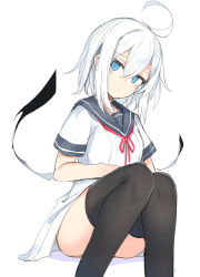 Rule 34 | 1girl, ahoge, ass, black thighhighs, blue eyes, breasts, closed mouth, commentary request, expressionless, hair between eyes, highres, invisible chair, looking at viewer, original, otokuyou, red ribbon, ribbon, ringo-chan (otokuyou), sailor collar, school uniform, serafuku, short hair, short sleeves, simple background, sitting, small breasts, solo, thighhighs, white background, white hair