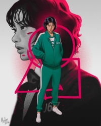 Rule 34 | 1girl, artist name, black hair, blood, blood on face, bow, bowtie, commentary, full body, green jacket, green pants, grey background, hands in pockets, jacket, kang sae-byeok, long sleeves, looking at viewer, medertaab, multicolored clothes, multicolored jacket, multiple views, open mouth, pants, squid game, standing, two-tone jacket, two-tone pants, white footwear, white jacket, white pants