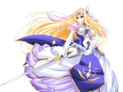 Rule 34 | 1girl, armor, armored dress, blonde hair, breasts, cleavage, detached collar, dress, elbow gloves, frills, game cg, gem, gloves, green eyes, hair ornament, highres, holding, holding weapon, jewelry, large breasts, long hair, looking at viewer, official art, serious, solo, sword, tiara, transparent background, unionism quartet, very long hair, weapon, yurifina sol ereanoruto