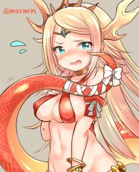 Rule 34 | 1girl, armband, bad id, bad pixiv id, blonde hair, blue eyes, blush, bracelet, breast suppress, choker, circlet, criss-cross halter, echidna (p&amp;d), flying sweatdrops, grey background, halterneck, halterneck, horns, jewelry, lamia, long hair, looking at viewer, mashiro miru, monster girl, navel, nose blush, open mouth, puzzle &amp; dragons, ribbon, solo, tail, tail ornament, tail ribbon, tears, twitter username, very long hair