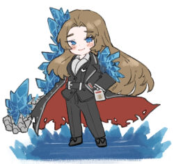 Rule 34 | 1girl, black coat, black pants, black vest, blue eyes, blush, brown hair, closed mouth, coat, e.g.o (project moon), full body, holding, holding weapon, ice, id card, limbus company, long hair, long sleeves, pants, project moon, rodion (project moon), simple background, smile, solo, uchimura (rino0525), very long hair, vest, weapon, white background, wing collar