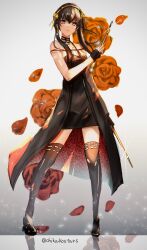 Rule 34 | 1girl, absurdres, black dress, black footwear, black gloves, black hair, boots, breasts, cleavage, dagger, dress, fingerless gloves, flower, full body, gloves, gold hairband, hairband, high heel boots, high heels, highres, holding, holding dagger, holding knife, holding weapon, knife, medium breasts, red eyes, red flower, red rose, rose, solo, spy x family, standing, stiletto (weapon), thigh boots, truth (redeye19), two-sided fabric, weapon, yor briar