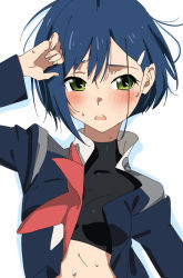 Rule 34 | 10s, 1girl, arm up, blue hair, blush, breasts, crop top, darling in the franxx, green eyes, hair ornament, hairclip, half-closed eyes, ichigo (darling in the franxx), midriff, open clothes, open mouth, senjitsu musou, short hair, simple background, small breasts, sweat, upper body, white background