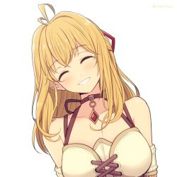 Rule 34 | 1girl, ^ ^, antenna hair, bare shoulders, blonde hair, blush, breasts, brown choker, choker, closed eyes, collarbone, commentary request, copyright request, closed eyes, fiora (xenoblade), highres, long hair, medium breasts, mochimochi (xseynao), simple background, smile, solo, twitter username, upper body, white background, xenoblade chronicles 1, xenoblade chronicles (series)