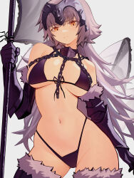 Rule 34 | 1girl, bare shoulders, chain, commentary, commission, cowboy shot, detached sleeves, distr, fate/grand order, fate (series), flag, fur trim, grey background, grey hair, groin, highres, holding, holding flag, jeanne d&#039;arc alter (fate), long hair, looking at viewer, navel, parted lips, solo, standing, stomach, very long hair, yellow eyes