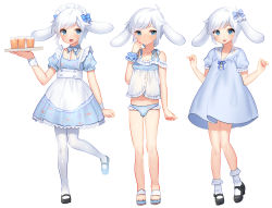 Rule 34 | 1boy, :o, akagi kurage, animal ears, apron, babydoll, black footwear, blue dress, blue eyes, blue panties, blue ribbon, blush, bow, bulge, cinnamoroll, closed mouth, clothes pull, costume chart, crossdressing, cup, detached collar, dress, drink, drinking glass, frilled dress, frills, full body, hair bow, holding, holding tray, looking at viewer, looking down, maid, maid headdress, male focus, mary janes, multiple views, navel, nose blush, open mouth, panties, pantyhose, pantyhose pull, personification, puffy short sleeves, puffy sleeves, rabbit ears, ribbon, sailor collar, sailor dress, sandals, sanrio, shoes, short dress, short hair, short sleeves, simple background, socks, standing, standing on one leg, tray, underwear, waitress, white apron, white background, white hair, white legwear, wrist cuffs