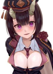 Rule 34 | + +, 1girl, arms behind back, between breasts, bikini, bikini top only, black bikini, black hat, black jacket, blunt bangs, blush, bob cut, breasts, broken horn, brown hair, cleavage, collarbone, crazy smile, demon girl, demon horns, dress shirt, eriko (commander) (princess connect!), eriko (princess connect!), flower, flower on shoulder, hat, hat flower, highres, horns, inverted bob, jacket, large breasts, leaning forward, looking at viewer, military hat, necktie, necktie between breasts, official alternate costume, partially unbuttoned, princess connect!, purple eyes, px-tea, red flower, red necktie, red rose, rose, shaded face, shirt, short hair, simple background, single shoulder pad, smile, solo, swimsuit, white background, white shirt, yandere