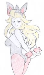 Rule 34 | 1girl, ahoge, alternate costume, animal ears, arms behind back, bad id, bad tumblr id, blonde hair, blue eyes, blush, bravely default: flying fairy, bravely default (series), breasts, edea lee, fake animal ears, hairband, highres, long hair, pantyhose, playboy bunny, rabbit ears, rabbit tail, smile, solo, steepled fingers, tabletorgy, tail, traditional media, wrist cuffs