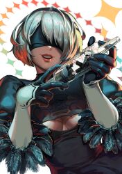 Rule 34 | 1boy, 1girl, 2b (nier:automata), 9s (nier:automata), absurdres, barley juice, black blindfold, black coat, black dress, black footwear, black gloves, black hairband, black shorts, blindfold, boots, cleavage cutout, clothing cutout, coat, dress, feather-trimmed sleeves, gloves, hairband, highres, holding, holding syringe, juliet sleeves, long sleeves, mole, mole under mouth, nier:automata, nier (series), parted lips, puffy sleeves, short hair, shorts, syringe