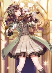 Rule 34 | 1girl, bad id, bad pixiv id, belt, black socks, bow (music), brown dress, brown eyes, brown hair, chandelier, dress, frilled dress, frills, ganik (pisshine), gloves, gradient hair, hair ornament, indoors, instrument, jacket, jewelry, kneehighs, lamp, long hair, mole, mole under eye, multicolored hair, music, open clothes, open jacket, open mouth, original, playing instrument, pleated skirt, purple hair, skirt, smile, socks, solo, sparkle, standing, unbuttoned, violin, wavy hair, white gloves, window