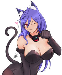Rule 34 | 1girl, ;), absurdres, ahoge, airisubaka, alternate costume, animal ears, animal hands, artist name, bare shoulders, blue hair, blush, body blush, breasts, cat ears, cat tail, choujigen game neptune, cleavage, covered navel, cowboy shot, detached sleeves, elbow gloves, fishnet pantyhose, fishnets, gloves, hair between eyes, heart, highres, iris heart, jewelry, kami jigen game neptune v, kemonomimi mode, kittysuit, large breasts, leotard, light smile, long hair, looking at viewer, neptune (series), nontraditional playboy bunny, one eye closed, pantyhose, paw gloves, paw pose, playboy bunny, power symbol, power symbol-shaped pupils, pururut, red eyes, signature, simple background, smile, solo, symbol-shaped pupils, tail, very long hair, white background