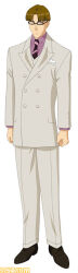 Rule 34 | 1boy, breast pocket, buttons, collared suit, diagonal-striped clothes, diagonal-striped necktie, double-breasted, famitsu, formal, glasses, light brown hair, long sleeves, male focus, michael sunnyside, necktie, nose, official art, parted bangs, parted lips, pocket, purple undershirt, sakura taisen, sakura taisen v, second-party source, standing, striped clothes, striped necktie, suit, tachi-e, vest, watermark