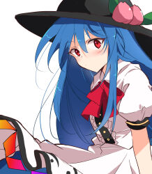 Rule 34 | 1girl, black headwear, blue hair, bow, bowtie, center frills, closed mouth, commentary, dress, food, frills, fruit, highres, hinanawi tenshi, ichimura kanata, leaf, long hair, looking at viewer, peach, red bow, red bowtie, red eyes, short sleeves, simple background, solo, touhou, white background, white dress