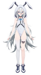 Rule 34 | 1girl, absurdres, animal ears, animal hood, armpit crease, arms at sides, bare shoulders, blue eyes, choker, covered navel, fake animal ears, flat chest, full body, grey hair, groin, hair between eyes, highres, hood, hood up, hooded leotard, leotard, long hair, looking at viewer, open mouth, original, rabbit ears, raised eyebrows, shoes, simple background, single thighhigh, solo, standing, thigh strap, thighhighs, very long hair, white background, white footwear, white leotard, white thighhighs, yume (454565427)