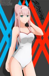 Rule 34 | 1girl, artist name, blank stare, breasts, closed mouth, contrapposto, copyright name, cowboy shot, darling in the franxx, deviantart username, expressionless, facebook username, green eyes, hair between eyes, hair ornament, hairband, highres, horns, long hair, long neck, looking at viewer, medium breasts, one-piece swimsuit, oni horns, pink hair, pixiv username, ponytail, red horns, shadow, shugo19, solo, straight hair, swimsuit, thighs, twitter username, watermark, white hairband, white one-piece swimsuit, zero two (darling in the franxx)