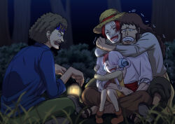 Rule 34 | 1girl, 3boys, aged down, brown hair, character name, closed eyes, curly hair, facial hair, fangs, father and daughter, hair over one eye, happy, hat, headband, howling gab, laughing, long hair, medium hair, multicolored hair, multiple boys, musasabiop, night, one piece, one piece film: red, open mouth, red hair, scar, scar across eye, shanks (one piece), short hair, smile, split-color hair, straw hat, streaked hair, twintails, two-tone hair, uta (one piece), yasopp