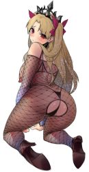 Rule 34 | 1girl, ass, bare shoulders, blonde hair, blush, bodysuit, breasts, choker, earrings, ereshkigal (fate), fate/grand order, fate (series), fishnet bodysuit, fishnets, glowing, high heels, jewelry, kneeling, large breasts, long hair, looking at viewer, looking back, naidong (artist), red eyes, ribbon, sideboob, simple background, solo, third-party edit, thong, tiara, twintails, white background, yd (orange maru)