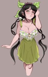 Rule 34 | 1girl, absurdres, badlavender, black hair, blush, bow, breasts, chabashira tenko, cleavage, collarbone, danganronpa (series), danganronpa v3: killing harmony, dress, eyebrows, female focus, floral print, green dress, green eyes, green headwear, hair bow, hairband, hand on own head, hand to head, hand up, headband, highres, large breasts, long hair, looking at viewer, mole, mole under mouth, multicolored clothes, multicolored dress, open mouth, parted bangs, purple hairband, purple headband, purple headwear, simple background, smile, solo, tagme, teeth, twintails, white bow, white dress