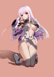 Rule 34 | 1girl, absurdres, ankle boots, armor, bare shoulders, black thighhighs, blunt bangs, boots, bottomless, breasts, brown background, center opening, cleft of venus, closed mouth, covered erect nipples, derivative work, floating hair, full body, gauntlets, gluteal fold, groin, hands up, haohe buguo, highleg, highleg leotard, highres, kneeling, knees together feet apart, leotard, long hair, looking at viewer, medium breasts, nipples, one breast out, original, out of frame, pauldrons, purple eyes, purple hair, pussy, ribbed leotard, saliva, shadow, shoes, shoulder armor, simple background, smile, socks, solo focus, straight hair, suggestive fluid, thigh gap, thighhighs, turtleneck, uncensored, white footwear, white leotard