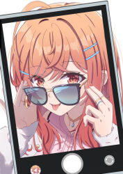 Rule 34 | 1girl, ahoge, cellphone, highres, hololive, hololive dev is, ichijou ririka, jewelry, long hair, looking over eyewear, nail polish, orange eyes, orange hair, orange nails, phone, ring, smartphone, sunglasses, synn032, taking picture, tongue, tongue out, virtual youtuber, white background