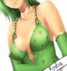 Rule 34 | 1990s (style), 1girl, akamaru, bare shoulders, breasts, breasts apart, character name, cleavage, elbow gloves, final fantasy, final fantasy iv, gloves, green hair, head out of frame, lips, lowres, no bra, retro artstyle, rydia (ff4), smile, solo, upper body