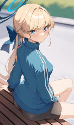 Rule 34 | 1girl, arm between legs, ass, bench, bike shorts, black shorts, blonde hair, blue archive, blue bow, blue eyes, blue jacket, blurry, blurry background, blush, bow, breasts, closed mouth, commentary, day, depth of field, hair between eyes, hair bow, hair intakes, halo, highres, jacket, light blush, light smile, long hair, long sleeves, looking at another, looking at viewer, medium breasts, misononasubi, outdoors, ponytail, ribbon, shirt, shorts, sitting, smile, solo, sunlight, thighs, toki (blue archive), track jacket, turtleneck, turtleneck jacket