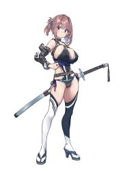 Rule 34 | 1girl, absurdres, baffu, bare shoulders, blue eyes, breasts, brown hair, choker, cleavage, closed mouth, covered erect nipples, full body, greatsword, highres, hitoyo (baffu), holding, holding sword, holding weapon, japanese clothes, katana, large breasts, looking at viewer, medium hair, nail polish, one side up, original, sandals, sideboob, sidelocks, simple background, smile, solo, sword, weapon, white background