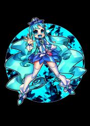 Rule 34 | 1girl, absurdly long hair, aqua eyes, aqua hair, black background, blue bow, blue dress, blue eyes, blue hair, boots, bow, brooch, commentary request, crystal, cure marine, dress, earrings, flower, full body, hair ornament, hairclip, heart, heart brooch, heart hair ornament, heartcatch precure!, jewelry, kurumi erika, long hair, looking at viewer, magical girl, multicolored clothes, multicolored dress, open mouth, petite, precure, senmu (0107), sidelocks, simple background, smile, solo, thighhighs, thighhighs under boots, twintails, very long hair, waving, white dress, white thighhighs, wrist cuffs, zettai ryouiki