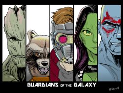 Rule 34 | 1girl, 2boys, animification, blue skin, brown hair, colored skin, column lineup, copyright name, drax the destroyer, english text, gamora, green eyes, green skin, groot, guardians of the galaxy, long hair, marvel, marvel cinematic universe, mask, multiple boys, open mouth, peter quill, portrait, raccoon, red eyes, rocket raccoon, sharp teeth, short hair, simple background, teeth, twitter username, upper body, yafu (yahuxx28)