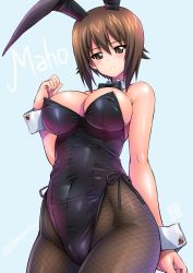 Rule 34 | 1girl, animal ears, bare shoulders, black leotard, blue background, blush, breasts, brown eyes, brown hair, character name, cleavage, closed mouth, commentary request, covered navel, cowboy shot, detached collar, fake animal ears, girls und panzer, hair between eyes, kamogawa tanuki, large breasts, legs together, leotard, looking at viewer, nishizumi maho, pantyhose, playboy bunny, rabbit ears, shiny clothes, shiny skin, short hair, simple background, smile, solo, strapless, strapless leotard, thighs, wrist cuffs