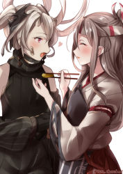 Rule 34 | 2girls, abyssal crane princess, abyssal ship, apron, bad id, bad pixiv id, bandaid, bandaid on face, black sweater, chopsticks, closed eyes, commentary request, cowboy shot, detached sleeves, feeding, food, grey hair, hachimaki, hair between eyes, headband, high ponytail, horns, japanese clothes, juurouta, kantai collection, long hair, multiple girls, muneate, omelet, ponytail, red eyes, red shorts, remodel (kantai collection), shorts, sweater, sweater vest, tamagoyaki, twitter username, white hair, zuihou (kancolle)