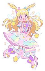 Rule 34 | 1girl, :d, blonde hair, blue bow, bow, commentary request, dress, frilled dress, frills, full body, hair bow, hair ornament, hand on own cheek, hand on own face, hands up, holding, holding microphone, idol clothes, idol time pripara, jumping, korean commentary, long hair, looking at viewer, microphone, mikannu, open mouth, pink bow, pink dress, pink footwear, pink thighhighs, pretty series, pripara, purple bow, ringlets, shoes, shooting star, smile, solo, sparkle, star (symbol), star hair ornament, star in eye, symbol in eye, thighhighs, two side up, white background, yume kawaii, yumekawa yui