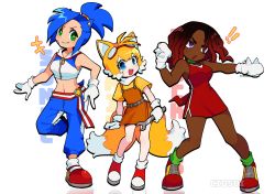 Rule 34 | 3girls, blonde hair, blue hair, ciosuii, commentary, commentary request, crop top, dark-skinned female, dark skin, dreadlocks, dress, english commentary, genderswap, genderswap (mtf), gloves, goggles, goggles on head, green eyes, grin, hedgehog ears, highres, humanization, knuckles the echidna, long hair, multiple girls, multiple tails, open mouth, ponytail, purple eyes, red dress, red footwear, red hair, smile, sonic (series), sonic the hedgehog, tail, tails (sonic), two tails, white background, white gloves, wrench