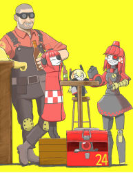 Rule 34 | 1boy, 3girls, :3, alarm siren, arm cannon, arm rest, bar stool, belt, black dress, black jacket, black overalls, blonde hair, blunt bangs, boots, borrowed character, bottle, box, brown footwear, checkered clothes, checkered trim, chibi, cloak, closed mouth, colored skin, commentary request, crosshair pupils, crossover, dinergate (girls&#039; frontline), dress, drinking, drinking straw, engineer (tf2), fewer digits, full body, girls&#039; frontline, gloves, goggles, grin, hair between eyes, hard hat, headgear, height difference, helmet, heterochromia, highres, holding, holding bottle, icantdrawart, in box, in container, jacket, joints, knee pads, long hair, long sleeves, looking at another, m4 sopmod ii jr, mimi-sentry (flyingpiggles), mini-sentry-chan (fizzywattr), multicolored hair, multiple girls, no feet, non-humanoid robot, one-eyed, original, overalls, pale skin, personification, red cloak, red engineer (tf2), red eyes, red hair, red shirt, robot, robot girl, robot joints, sangvis ferri, sharp teeth, shaved head, shirt, simple background, single glove, sleeves rolled up, smile, standing, standing on box, stool, streaked hair, table, team fortress 2, teeth, toolbox, unworn headwear, unworn helmet, utility belt, weapon, white skin, wide oval eyes, wrench, yellow background, yellow eyes, yellow gloves, yellow headwear