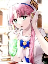 Rule 34 | 1girl, adjusting hair, aogirism, aria (manga), aria company uniform, beret, blurry, blurry background, blush, chair, collarbone, cup, depth of field, dress, drinking straw, food, gold trim, green eyes, hair tubes, hands up, hat, ice cream, ice cream float, looking at viewer, mizunashi akari, on chair, open mouth, outdoors, parted bangs, pink hair, print dress, shirt, short hair with long locks, short sleeves, sitting, solo, sweat, sweatdrop, upper body, white dress, white hat, white shirt