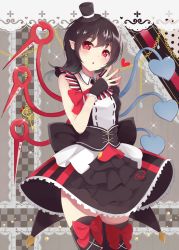 Rule 34 | 1girl, alternate costume, asymmetrical wings, black hair, black thighhighs, blush, bow, bow legwear, corset, cosplay, cowboy shot, detached collar, dress, fingers together, hat, head tilt, heart, heart-shaped pupils, highres, hojo sophy (cosplay), hojo sophy, houjuu nue, igayan, layered dress, looking at viewer, mini hat, mini top hat, name connection, open mouth, pointy ears, pretty series, pripara, red eyes, ribbon, short hair, sleeveless, solo, steepled fingers, symbol-shaped pupils, thighhighs, top hat, touhou, wings, zettai ryouiki