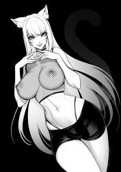 Rule 34 | 1girl, animal ear fluff, animal ears, artist name, black background, brassica, breasts, cat ears, cat girl, cat tail, commission, cowboy shot, facial mark, fishnet top, fishnets, greyscale, highleg, highleg panties, highres, large breasts, long hair, monochrome, navel, nipples, original, panties, shorts, solo, tail, underwear