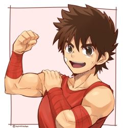 Rule 34 | &gt;:d, 1boy, bandages, bandaid, bandaid on face, biceps, border, brown eyes, brown hair, clenched hand, collarbone, flexing, male focus, muscular, open mouth, pegasus seiya, red shirt, saint seiya, shirt, short hair, sleeves rolled up, smile, solo, torakichi (ebitendon), twitter username, upper body, v-shaped eyebrows