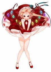 Rule 34 | 1girl, bad id, bad pixiv id, bare arms, bare legs, bare shoulders, blonde hair, dress, dress tug, facial mark, fang, flandre scarlet, forehead mark, full body, gotou (nekocat), hair ribbon, hat, hat ribbon, highres, knees together feet apart, long hair, mob cap, open mouth, red dress, red eyes, red footwear, red ribbon, ribbon, shoes, short hair with long locks, side ponytail, solo, standing, touhou, v arms, white hat, wind, wind lift, wings