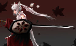 Rule 34 | 1girl, animal ears, detached sleeves, female focus, gradient background, hat, highres, inubashiri momiji, leaf, maple leaf, ponytail, red eyes, shield, silver hair, solo, sword, taida jun, tail, tokin hat, touhou, weapon, wolf ears, wolf tail