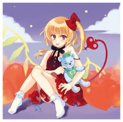 Rule 34 | 1girl, bad id, bad pixiv id, bare shoulders, blonde hair, blush, bow, dress, female focus, flandre scarlet, hair bow, looking at viewer, red eyes, shiina aya, side ponytail, sitting, skirt, socks, solo, stuffed animal, stuffed toy, teddy bear, tongue, tongue out, touhou, wings