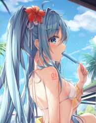 Rule 34 | 1girl, ahoge, bad id, bad twitter id, barcode, barcode tattoo, bikini, bikini top only, blue eyes, blue hair, blue sky, breasts, cloud, commentary request, dangmyo, day, eating, flower, food, hair flower, hair ornament, hairclip, halterneck, hatsune miku, highres, holding, holding food, leaf, looking at viewer, looking to the side, outdoors, palm tree, popsicle, sidelocks, sitting, sky, small breasts, solo, string bikini, sweat, swimsuit, tattoo, tree, twintails, underboob, vocaloid, wet, white bikini