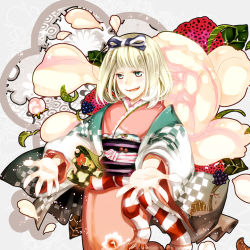 Rule 34 | ao no exorcist, bad id, bad pixiv id, blush, bow, flower, green eyes, hair bow, houhou (black lack), japanese clothes, kimono, moriyama shiemi, nii (ao no exorcist), open mouth, outstretched arm, outstretched hand, short hair, smile, solo